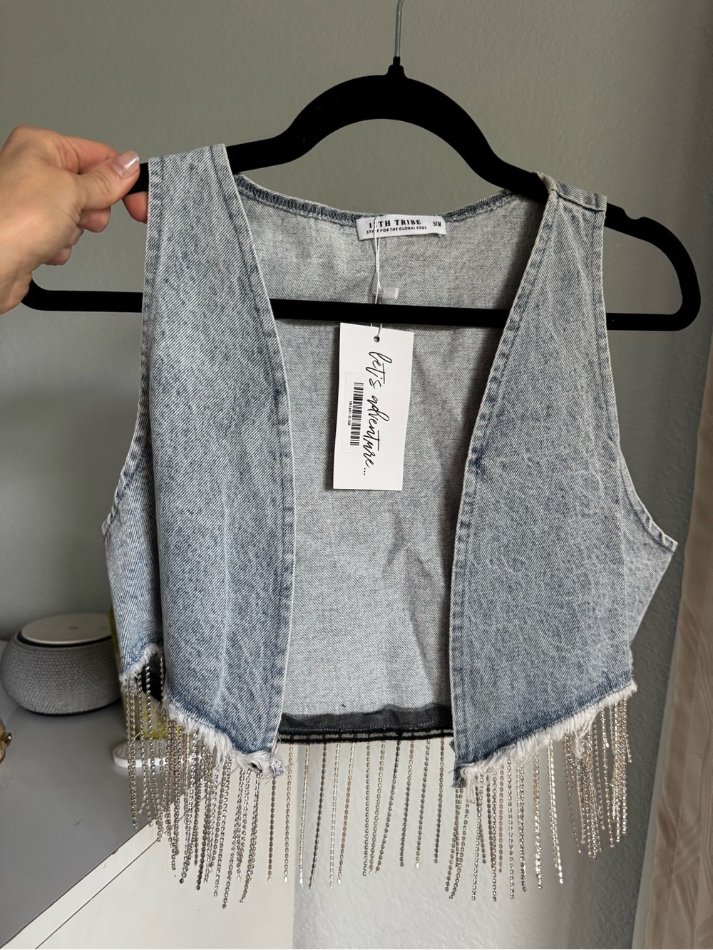 12th Tribe Light Wash Diamond Fringe Denim Vest; NWT